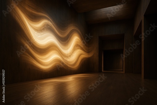 Glowing wavy light pattern illuminates the dark wooden walls and floor of an empty modern room, creating an atmospheric abstract design and contemporary interior ambiance.