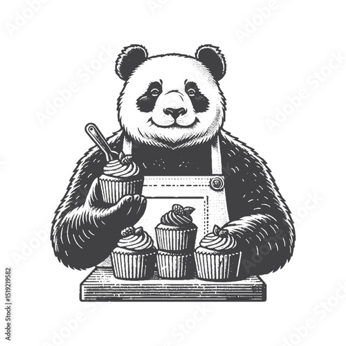 Vintage Hand-Drawn Giant Panda Wearing Apron And Baking Cupcakes Illustration, Wildlife Animal Engraved Style Vector for T-Shirts and Culinary Themes Design
