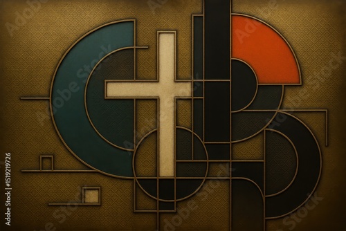 Stylized Art Deco Cross Religious Symbol Abstract Background with Geometric Shapes and Textured Surface