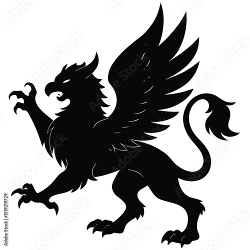 Majestic griffin silhouette in a rampant heraldic pose, a mythical creature emblem