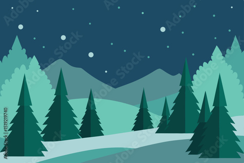 Christmas winter forest landscape with snowy fir trees