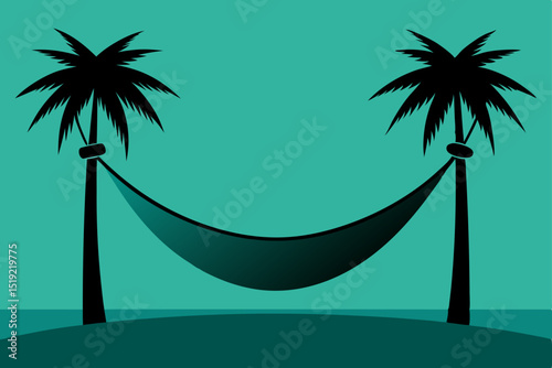 Tropical beach sunset with a hammock swaying between silhouetted palm trees