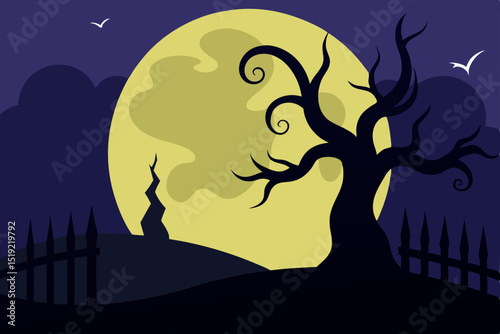 Spooky Halloween night silhouette with a crooked tree, full moon, and flying bats