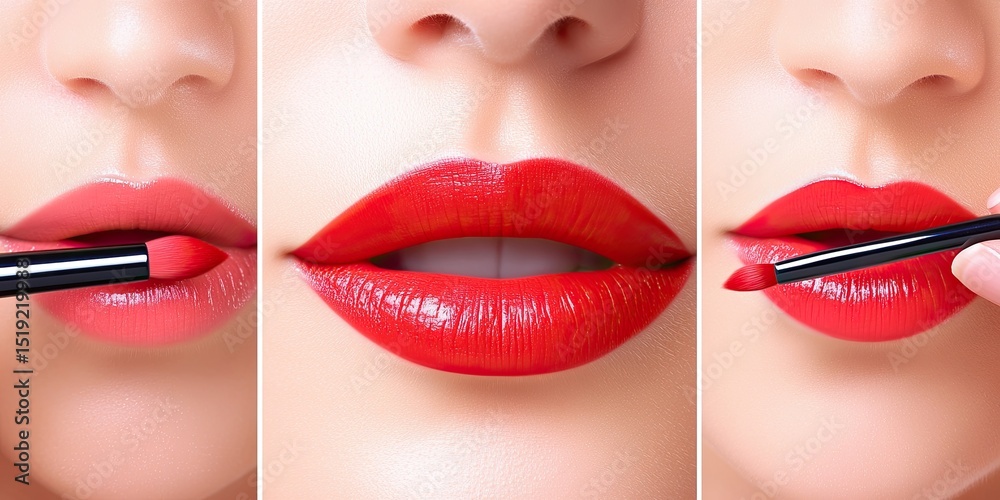 Naklejka premium Makeup artist applying red lipstick. Beautiful female face. Hand of makeup artist, painting lips of young girls