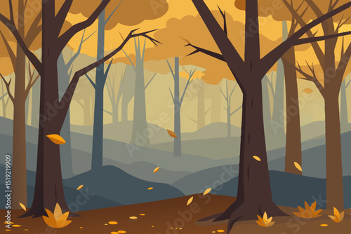 Autumn forest landscape at sunset with trees and falling leaves