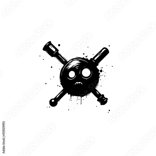 Abstract black and white vector illustration of a skull with crossed tools