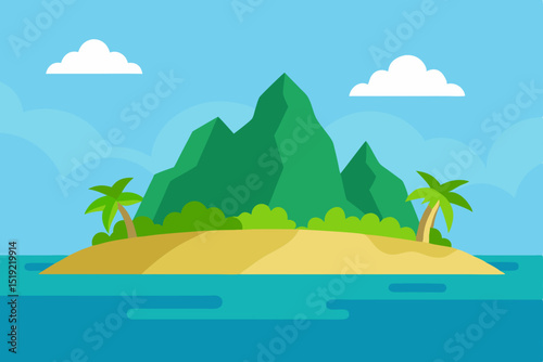 Tropical island landscape vector with palm trees, sandy beach, and ocean waves under a summer sky