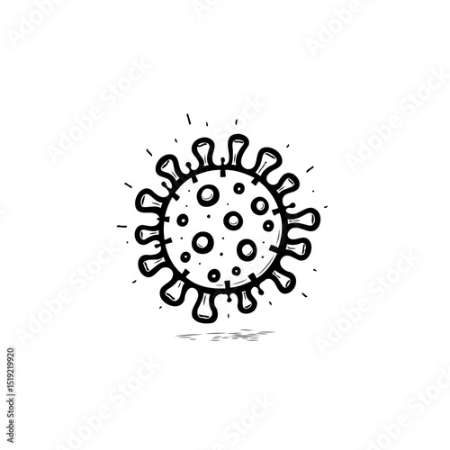 Hand-drawn black and white illustration of coronavirus molecule on white background