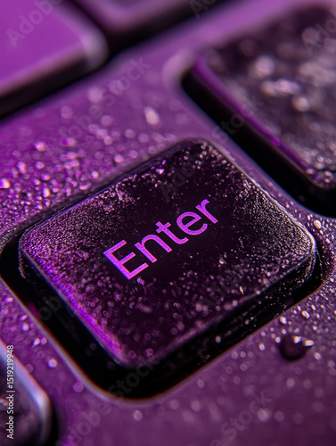 Close-up of wet purple enter key on a keyboard.