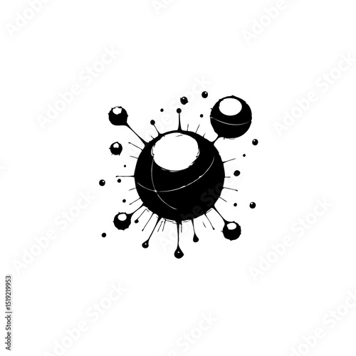 Stylized depiction of a viral structure with radiating spikes and spherical elements