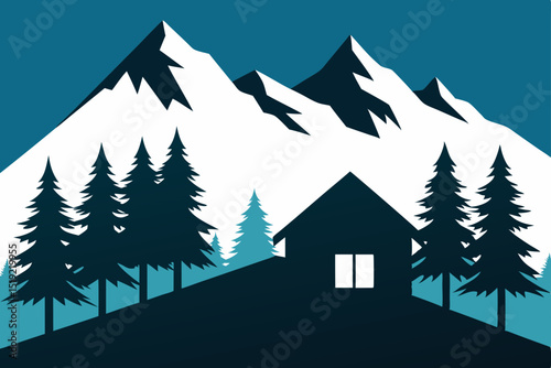 Snowy winter forest landscape with frosted trees and mountains, a festive Christmas season illustration