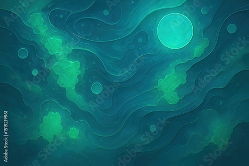 Abstract Aqua Green Flowing Organic Pattern with Circles and Bubbles, Suggesting Underwater or Cosmic Nebula Liquid Motion Background