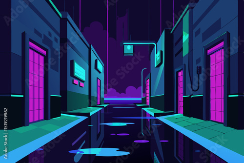 Urban street scene at night with illuminated buildings and architectural designs