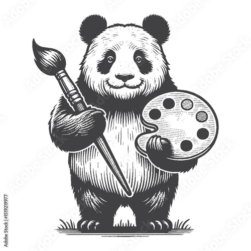 Vintage Hand-Drawn Giant Panda Holding A Paintbrush With Palette Illustration, Wildlife Animal Engraved Style Vector for T-Shirts and Artistic Themes Design