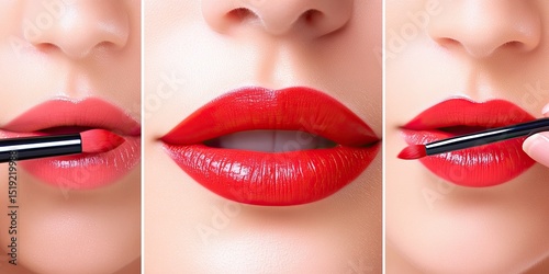 Makeup artist applying red lipstick. Beautiful female face. Hand of makeup artist, painting lips of young girls