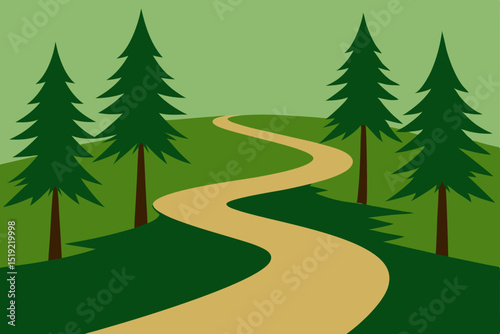 Vector illustration of a winter forest road with snow-covered pine trees and a festive Christmas design