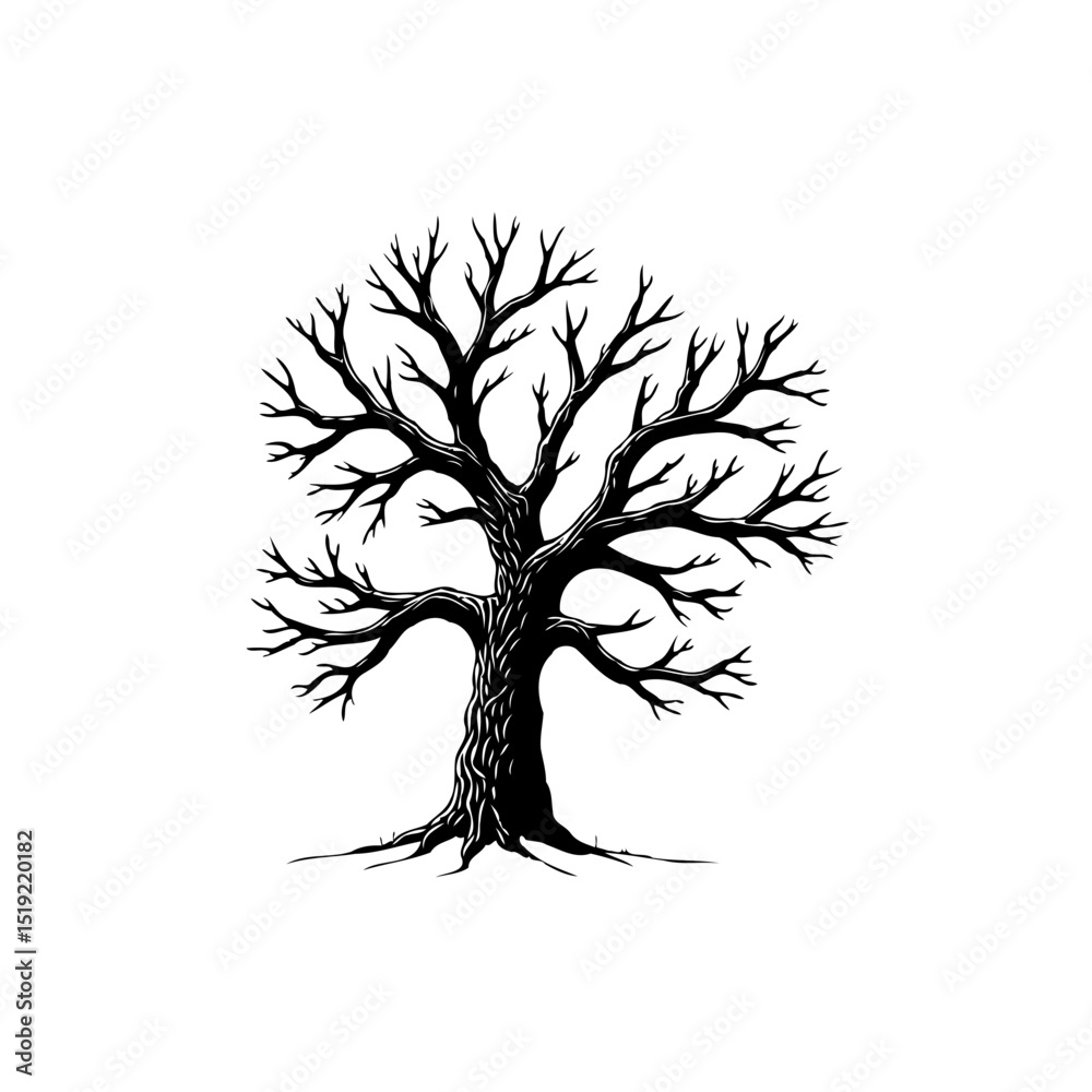 Fototapeta premium Detailed monochromatic depiction of a bare tree showcasing intricate branch patterns
