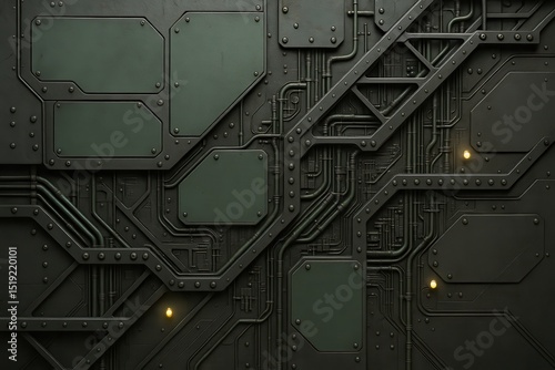 Dark Futuristic Metal Plating Texture with Rivets, Intertwined Pipes, and Subtle Yellow Lights Abstract Background