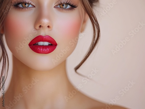 Makeup artist applying red lipstick. Beautiful female face. Hand of makeup artist, painting lips of young girls