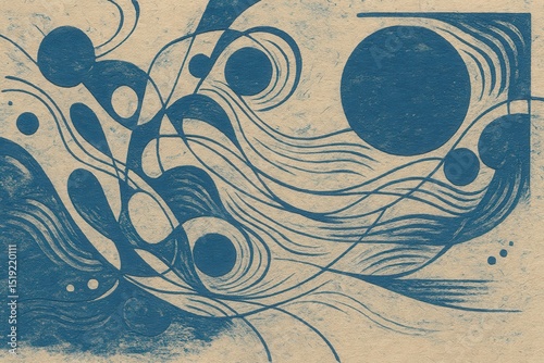 Blue Linocut Style Abstract Illustration with Flowing Organic Lines and Circular Shapes on Textured Paper Background