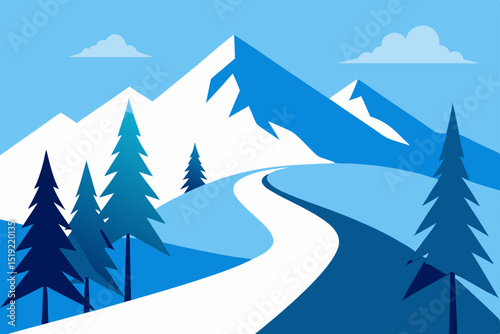 Snowy winter forest landscape with pine trees and blue sky