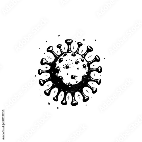 Stylized monochrome coronavirus cell illustration on a white background featuring rough sketch
