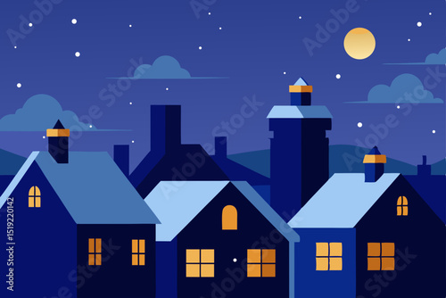 Winter night city illustration with illuminated Christmas building and urban street light