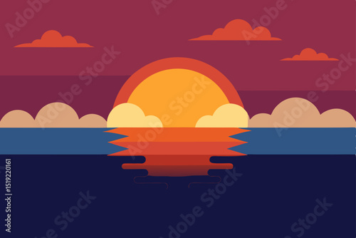 Beautiful summer sunset over the ocean with orange light on the horizon, reflecting on the water and clouds