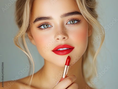 Makeup artist applying red lipstick. Beautiful female face. Hand of makeup artist, painting lips of young girls