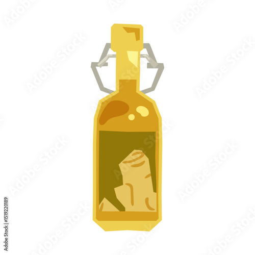 Cartoon Ginger Infusion Bottle Icon. Flat cartoon bottle with golden ginger infusion and visible ginger roots inside. Warm yellow palette, isolated on white background.