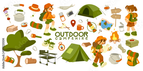 Camping Hiking Outdoor Adventure Set. Cartoon illustration set with camping equipment, hiking gear, nature elements, and characters. Flat hand-drawn style with warm colors, isolated on white backgroun