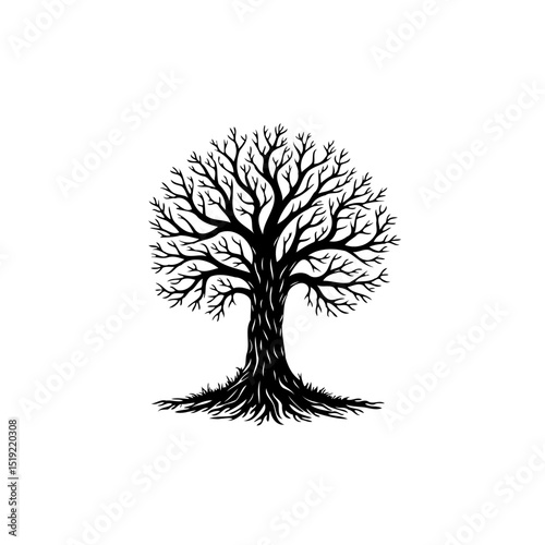 Silhouette of a majestic tree with intricate branches and roots, symbol of life