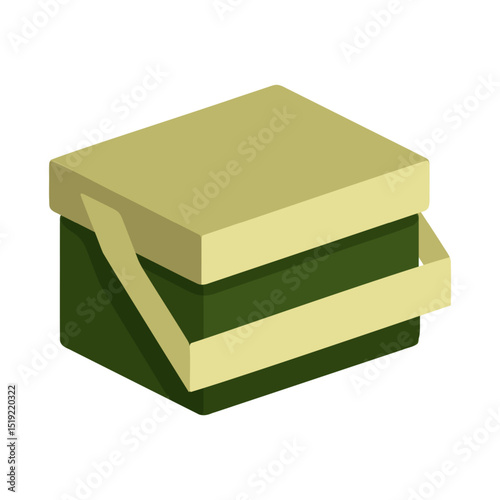 Camping First Aid Box Icon. Cartoon green and yellow first aid box with strap, isolated on white. Flat minimal style with simplified shapes and soft shading.