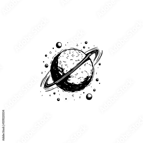 Intricate black and white drawing of a planet with rings surrounded by cosmic dust