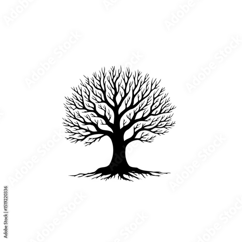 Silhouette of a majestic tree with intricate branches against a clean white backdrop
