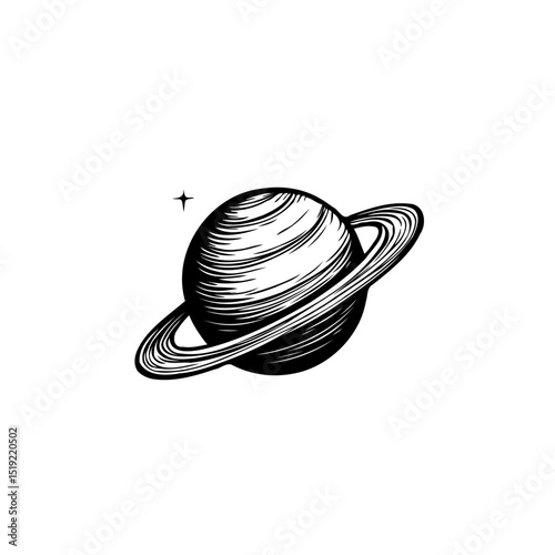 Monochrome illustration of saturn with rings, simple vector drawing style