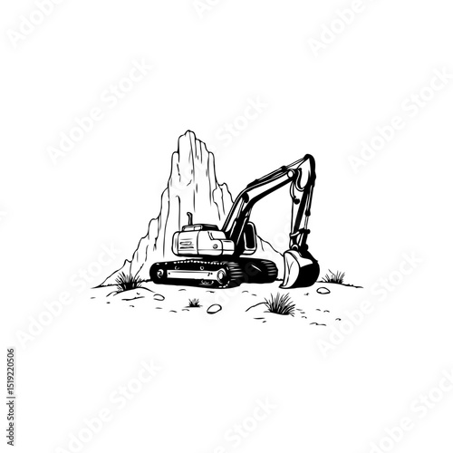 Monochromatic Excavator Illustration: A Symbol of Construction and Mining Operations