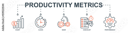 productivity metrics banner web icon set vector illustration concept with icon of chart, clock, gear, checklist, performance