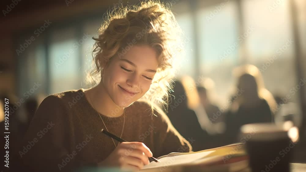 A woman writing poetry in a café with sunlight filtering in