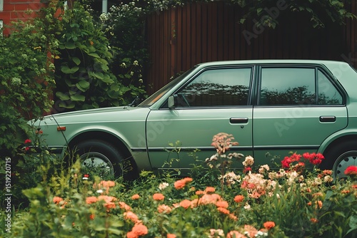 A light green four-door car beside a flower bed with clear reflections on its side panels  photo