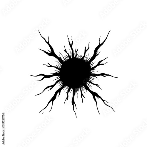 Abstract black sun illustration with branches emanating outward on white background