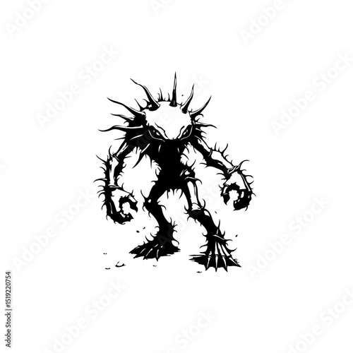 Silhouette of a Spiked Creature: Dark Fantasy Character Isolated on White Background