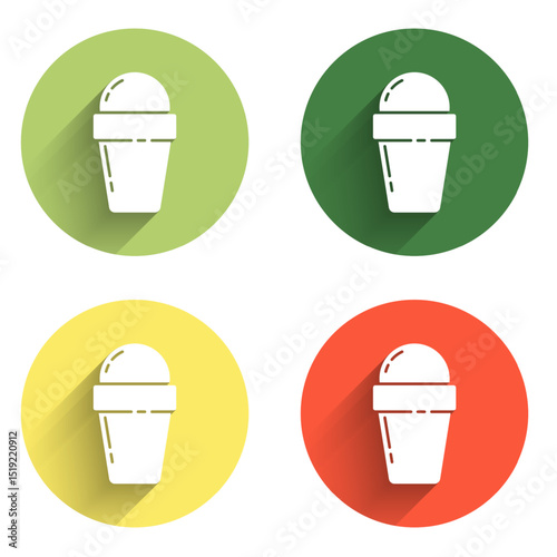 Set Ice cream in waffle cone icon isolated with long shadow background. Sweet symbol. Color circle button. Vector