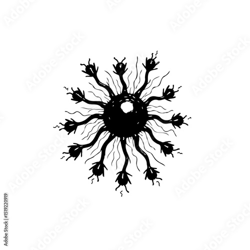Abstract black and white illustration of a grotesque sun-like creature design