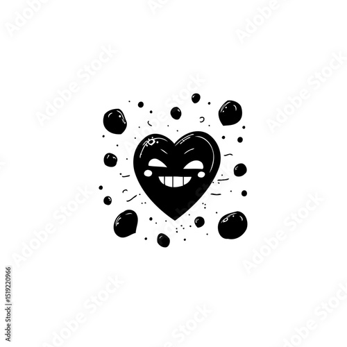 Eerie heart character surrounded by dark orbs, presented in high contrast black and white