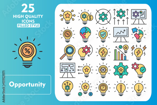 Opportunity Line Filled Icon Set. Incleded Icons Enrichment, Development, Novelty, Innovation, Invention, Testing, Originality, Mark, Arrow. Vector Icons Collection