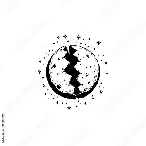 Cracked Moon Symbol with Stars Black and White Illustration Concept Design