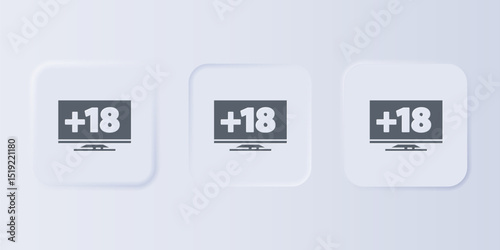 Grey Computer monitor with 18 plus content icon isolated on grey background. Age restriction symbol. Sex content sign. Adult channel. Set icons in square buttons. Vector