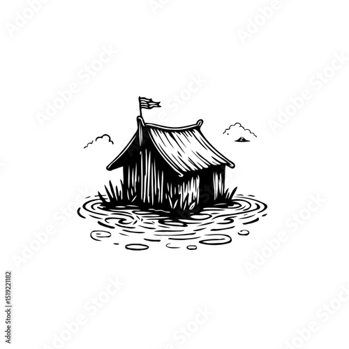 Solitary japanese hut illustration, set in the middle of the water artwork