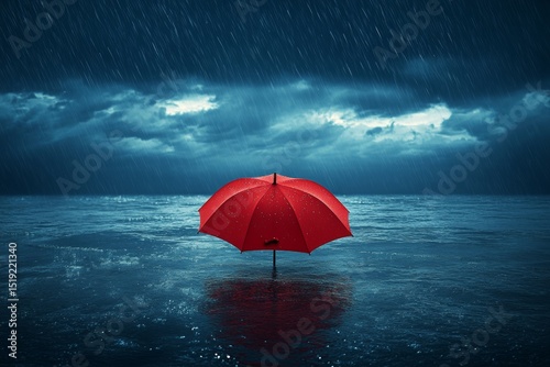 A red umbrella is floating in the water